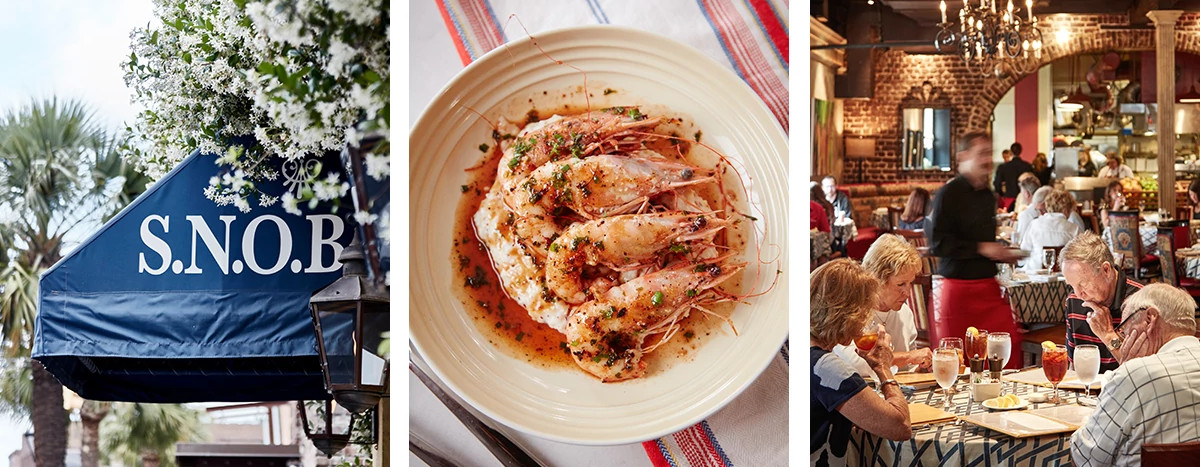 exterior of the restaurant SNOB, top-down view of a plate of shrimp and grits, diners peruse menus at SNOB