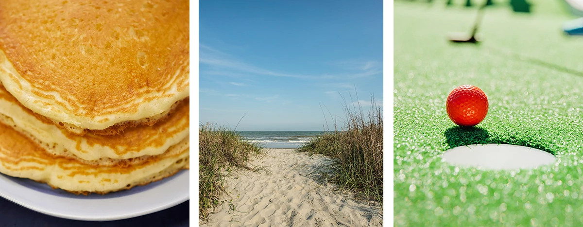 stack of pancakes, beach, close up of miniature golf ball and greens