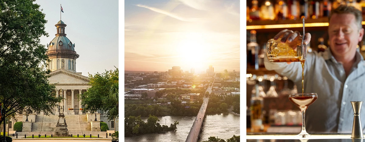 South Carolina State House, aerial view of Columbia, South Carolina, a bartender pours a craft cocktail