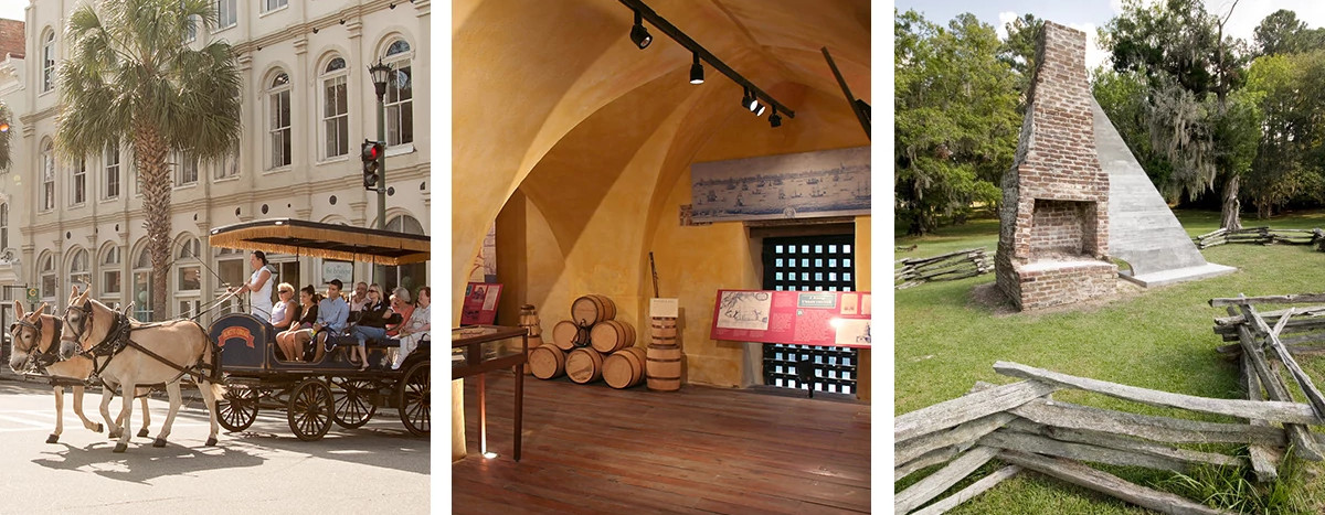 Three images: two horses pull a carriage full of tourists in downtown Charleston,  inside the Powder Magazine building, ruins at  Hampton Plantation