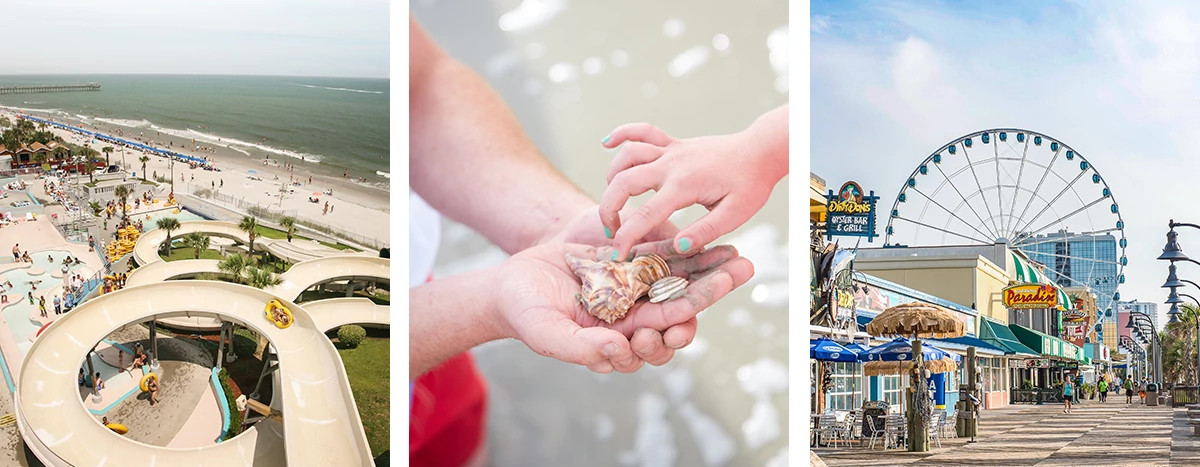 water slide by the beach, children finding seashells, the boardwalk